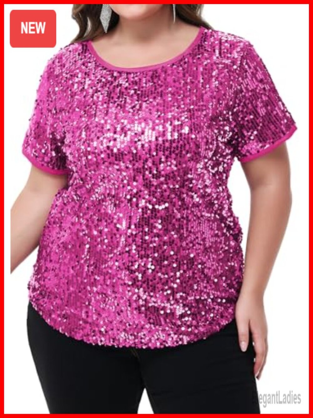 Sequin Glitter Short Sleeve Round Neck Party Tunic Blouse